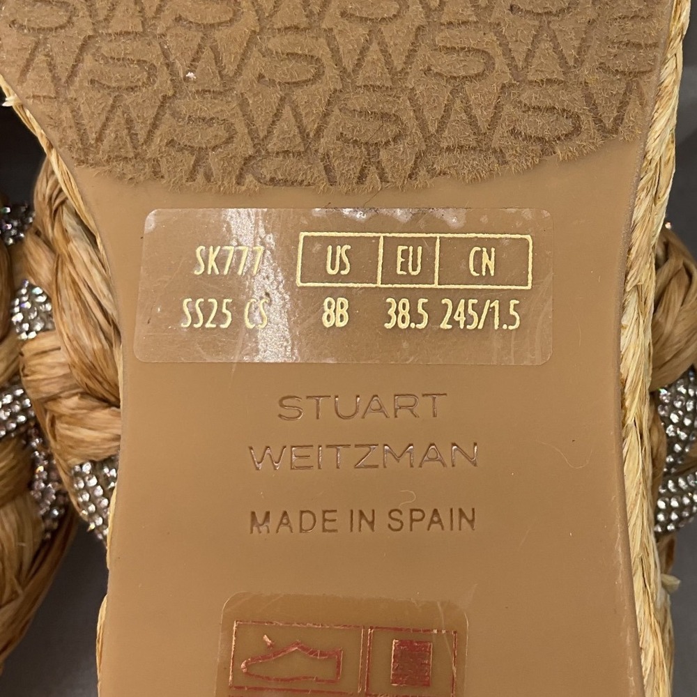 Stuart Weitzman Braided Raffia Crystal Wedge Sandals Natural Tan Women Size 8 - Picture 6 of 14